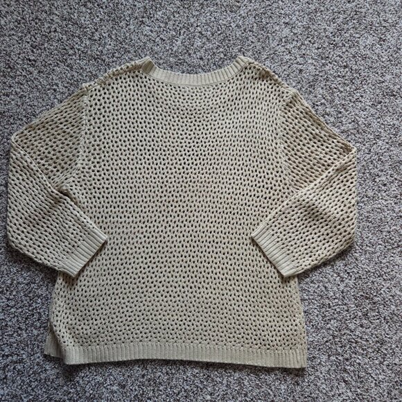 Anrabess Womens Open Knit Beige Sweater Top Size L Sheer Beachy Crew Neck - Picture 2 of 7
